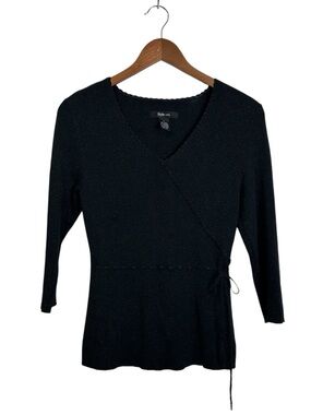 Style & Co. Women’s L Black Shimmer Metallic V-Neck Ribbed Knit Blouse Top